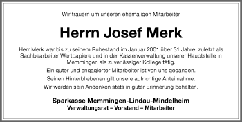Traueranzeige von Josef Merk von Memminger Zeitung