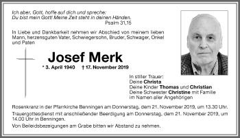 Traueranzeige von Josef Merk von Memminger Zeitung