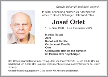 Traueranzeige von Josef Orlet von Allgäuer Zeitung, Füssen
