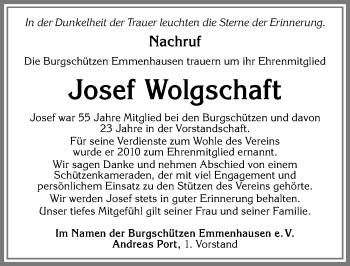 Traueranzeige von Josef Wolgschaft von Allgäuer Zeitung, Kaufbeuren/Buchloe