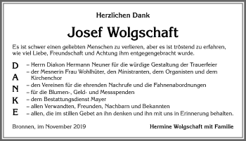 Traueranzeige von Josef Wolgschaft von Allgäuer Zeitung, Kaufbeuren/Buchloe