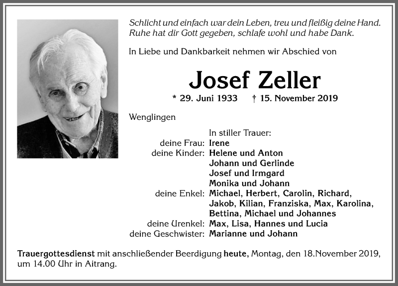  Traueranzeige für Josef Zeller vom 18.11.2019 aus Allgäuer Zeitung