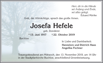 Traueranzeige von Josefa Hefele von Allgäuer Zeitung, Kaufbeuren/Buchloe