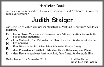 Traueranzeige von Judith Staiger von Allgäuer Zeitung, Marktoberdorf