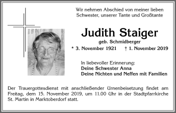 Traueranzeige von Judith Staiger von Allgäuer Zeitung, Marktoberdorf