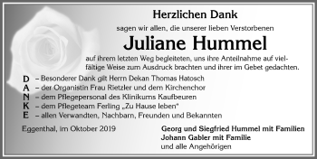 Traueranzeige von Juliane Hummel von Allgäuer Zeitung, Kaufbeuren/Buchloe