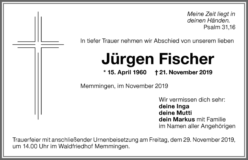  Traueranzeige für Jürgen Fischer vom 27.11.2019 aus Memminger Zeitung
