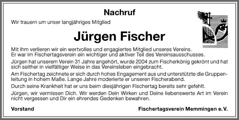  Traueranzeige für Jürgen Fischer vom 30.11.2019 aus Memminger Zeitung