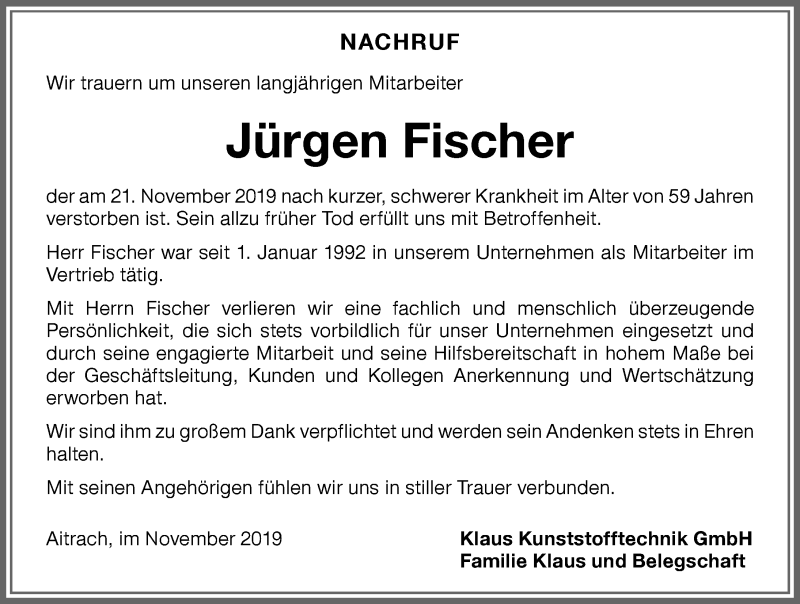  Traueranzeige für Jürgen Fischer vom 28.11.2019 aus Memminger Zeitung