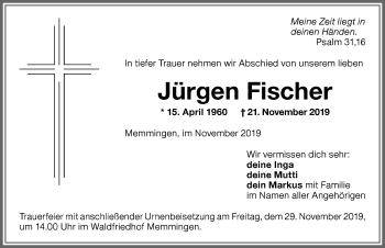 Traueranzeige von Jürgen Fischer von Memminger Zeitung