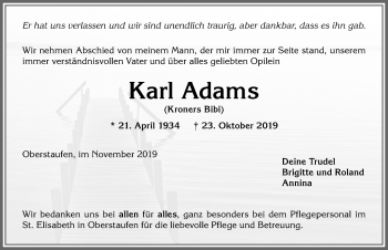 Traueranzeige von Karl Adams von Allgäuer Anzeigeblatt