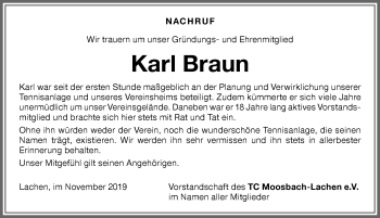 Traueranzeige von Karl Braun von Memminger Zeitung