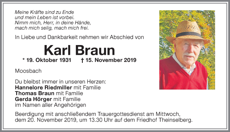  Traueranzeige für Karl Braun vom 18.11.2019 aus Memminger Zeitung