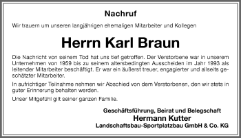 Traueranzeige von Karl Braun von Memminger Zeitung