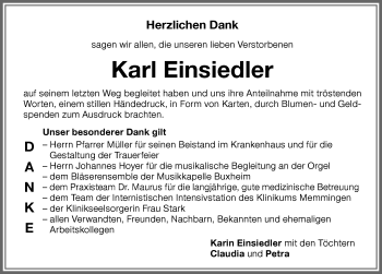 Traueranzeige von Karl Einsiedler von Memminger Zeitung