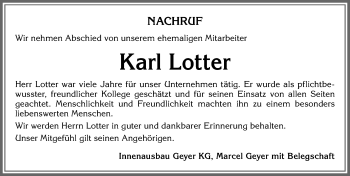 Traueranzeige von Karl Lotter von Allgäuer Zeitung, Füssen