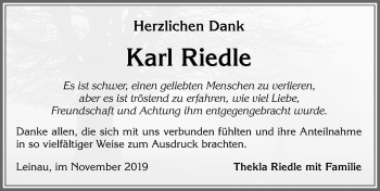 Traueranzeige von Karl Riedle von Allgäuer Zeitung, Kaufbeuren/Buchloe