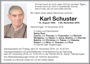 Traueranzeige von Karl Schuster von Memminger Zeitung