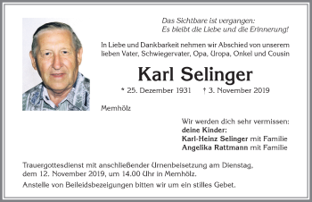 Traueranzeige von Karl Selinger von Allgäuer Zeitung,Kempten
