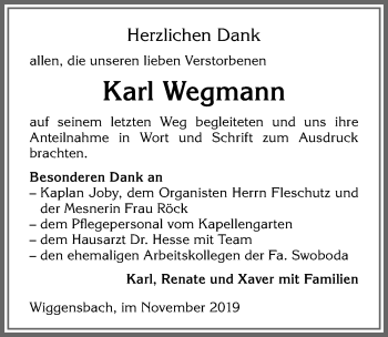 Traueranzeige von Karl Wegmann von Allgäuer Zeitung,Kempten