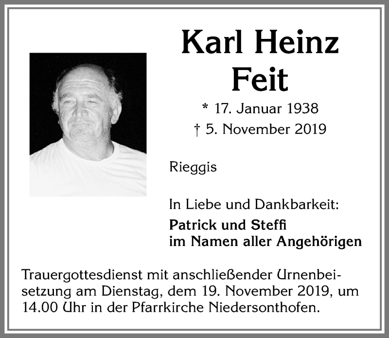  Traueranzeige für Karl Heinz Feit vom 14.11.2019 aus Allgäuer Zeitung