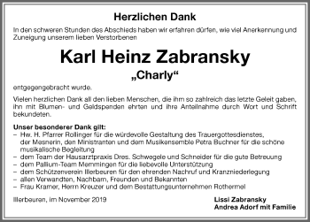 Traueranzeige von Karl Heinz Zabransky von Memminger Zeitung