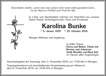 Traueranzeige von Karolina Bunke von Allgäuer Zeitung,Kempten