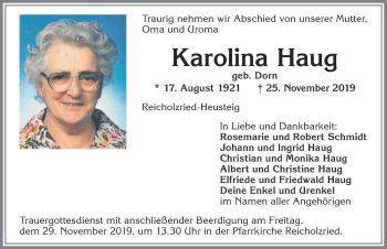 Traueranzeige von Karolina Haug von Allgäuer Zeitung,Kempten