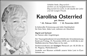 Traueranzeige von Karolina Osterried von Allgäuer Zeitung, Marktoberdorf