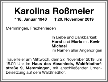Traueranzeige von Karolina Roßmeier von Memminger Zeitung