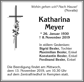 Traueranzeige von Katharina Meyer von Allgäuer Zeitung