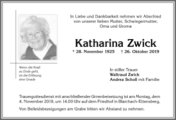 Traueranzeige von Katharina Zwick von Allgäuer Anzeigeblatt