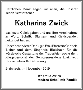 Traueranzeige von Katharina Zwick von Allgäuer Anzeigeblatt