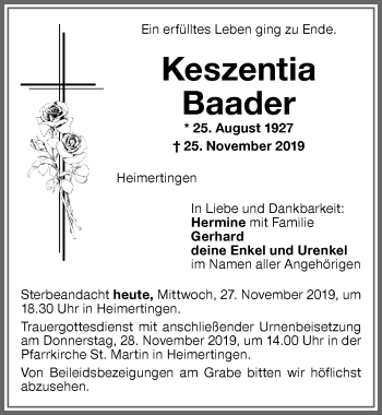 Traueranzeige von Keszentia Baader von Memminger Zeitung