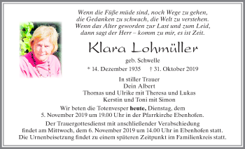 Traueranzeige von Klara Lohmüller von Allgäuer Zeitung, Marktoberdorf
