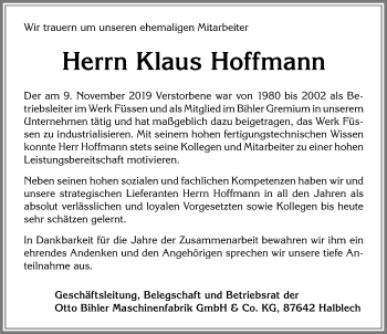 Traueranzeige von Klaus Hoffmann von Allgäuer Zeitung, Füssen