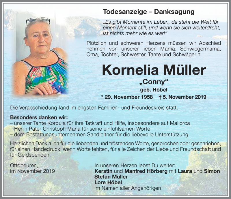  Traueranzeige für Kornelia Müller vom 30.11.2019 aus Memminger Zeitung
