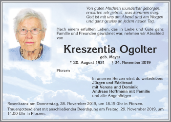 Traueranzeige von Kreszentia Ogolter von Allgäuer Zeitung, Kaufbeuren/Buchloe