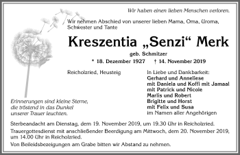 Traueranzeige von Kreszentia Senzi Merk von Allgäuer Zeitung,Kempten