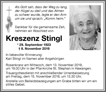 Traueranzeige von Kreszenz Stingl von Memminger Zeitung
