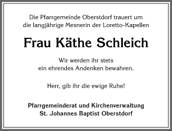 Traueranzeige von Käthe Schleich von Allgäuer Anzeigeblatt