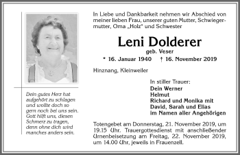 Traueranzeige von Leni Dolderer von Allgäuer Zeitung,Kempten