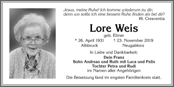 Traueranzeige von Lore Weis von Allgäuer Zeitung, Kaufbeuren/Buchloe