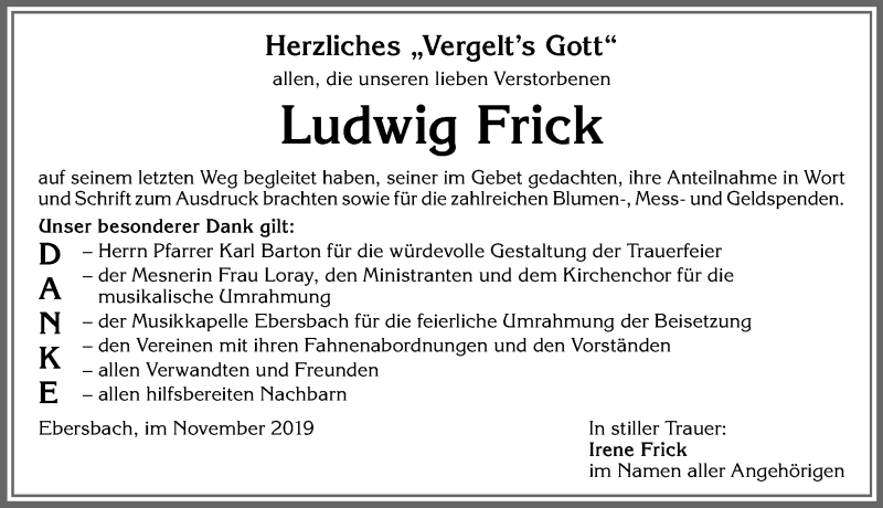  Traueranzeige für Ludwig Frick vom 09.11.2019 aus Allgäuer Zeitung, Marktoberdorf