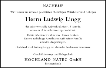 Traueranzeige von Ludwig Lingg von Der Westallgäuer