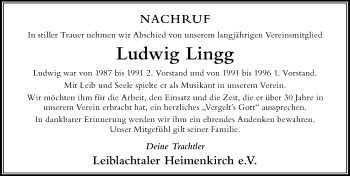 Traueranzeige von Ludwig Lingg von Der Westallgäuer