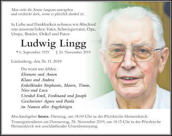 Traueranzeige von Ludwig Lingg von Der Westallgäuer