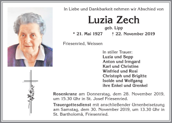 Traueranzeige von Luzia Zech von Allgäuer Zeitung
