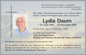 Traueranzeige von Lydia Daum von Allgäuer Anzeigeblatt