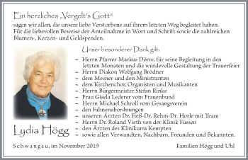 Traueranzeige von Lydia Högg von Allgäuer Zeitung, Füssen